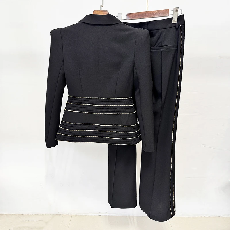 HIGH QUALITY Newest 2026 Designer Suit Set Women's Copper Chain Beaded Slim Suit Trousers Pants Suit 2 piece sets womens outfits