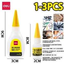 Deli Super Glue-adhesivo de cianoacrilato de secado rápido instantáneo, herramienta de pegamento líquido de Unión fuerte, cuero, goma, madera y Metal, 1-3 piezas, 3-15g