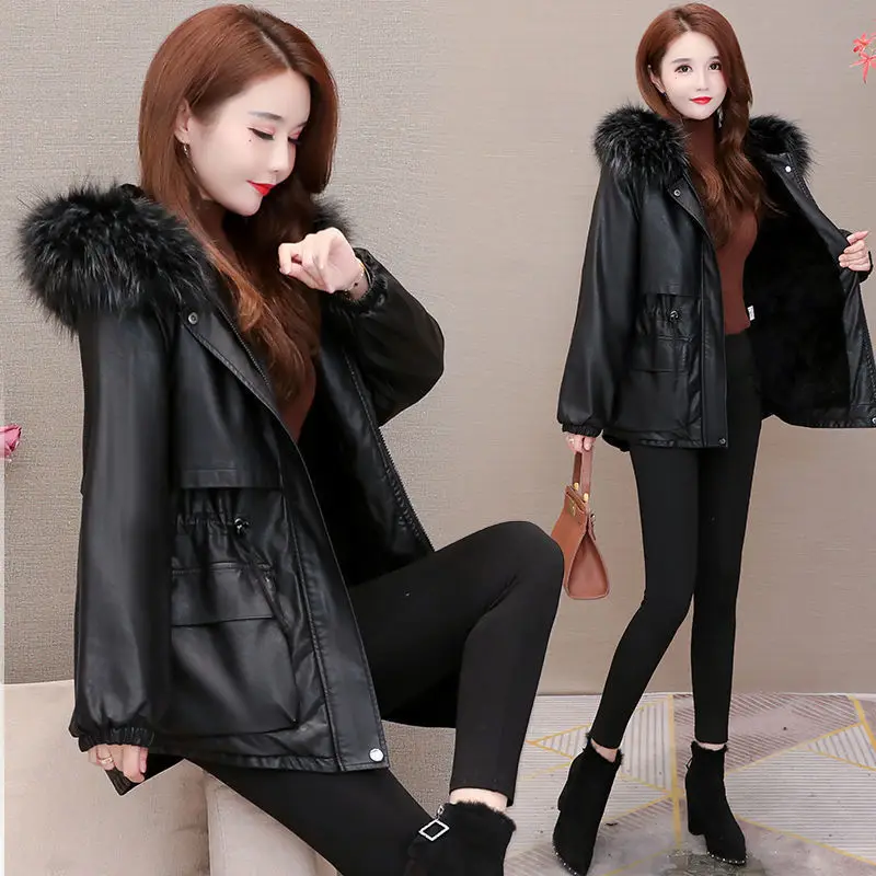 

Winter Autumn Winter Jacket Women Thick Warm Hooded Parka Mujer Leather PU Coat Casual Slim Zipper Jacket Female V152