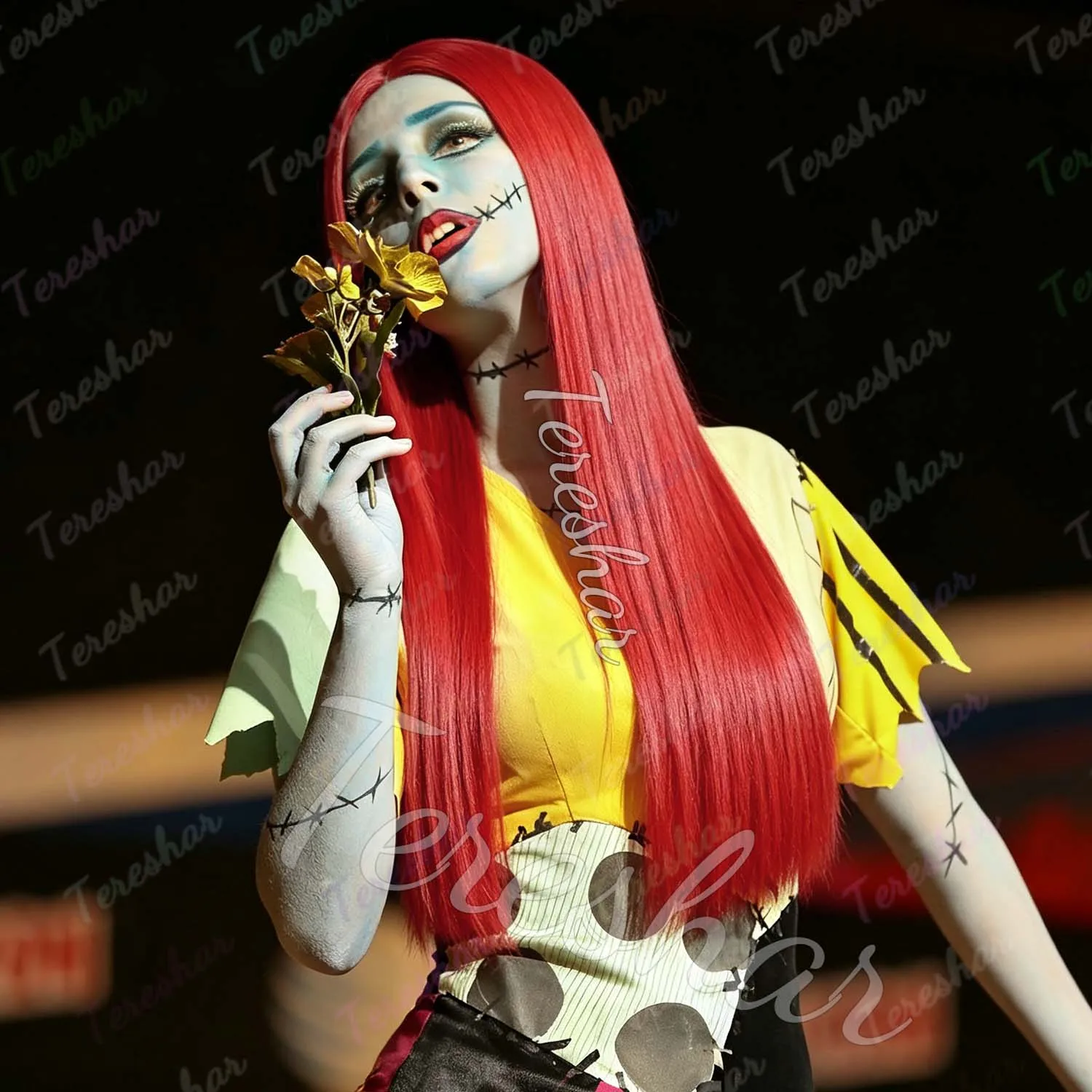 Peluca Roja Sintética de Sally, Peluca para Disfraz de Pesadilla Antes de Navidad, Peluca Larga y Lisa para Navidad, Halloween, Fiesta, Cosplay de Anime