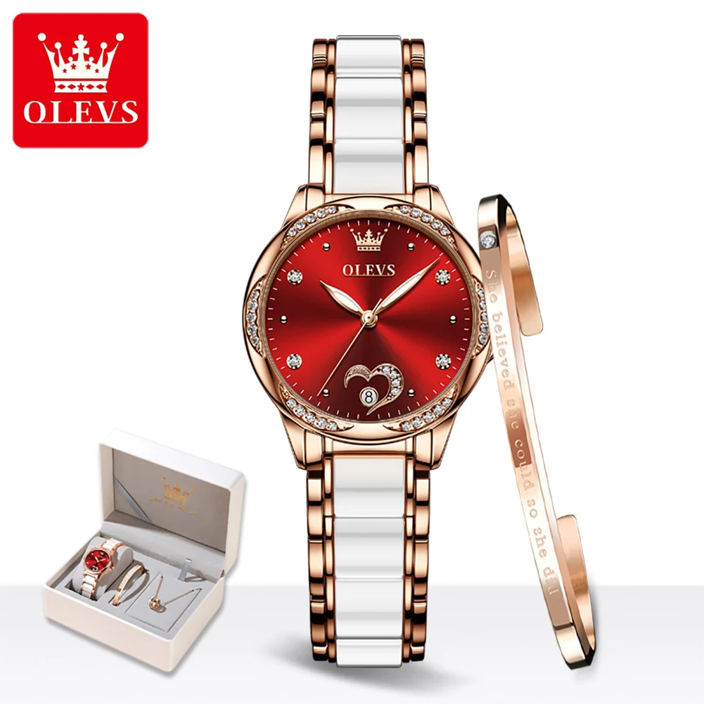 

OLEVS 6631 Luxury Original Mechanical Watch For Women Diamond Heart Shape Ceramic Steel Strap Hand Clock Waterproof Ladies Watch