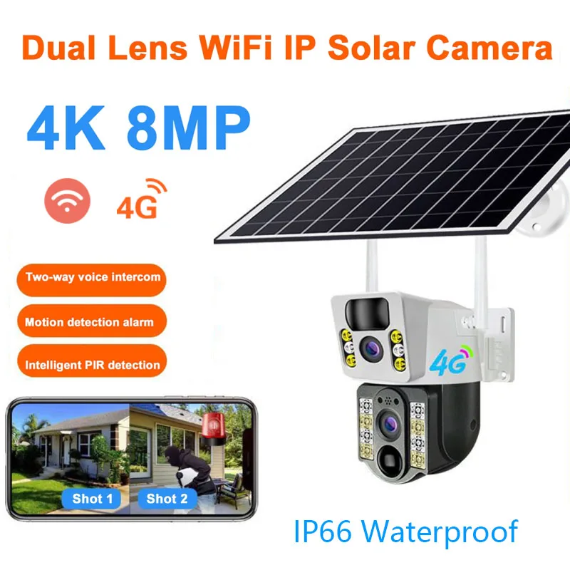

HD 4K 8MP Dual Lens WiFi IP Solar Camera Night Vision Ai Human Detection PTZ Outdoor Video 4G Cam CCTV Security Protection