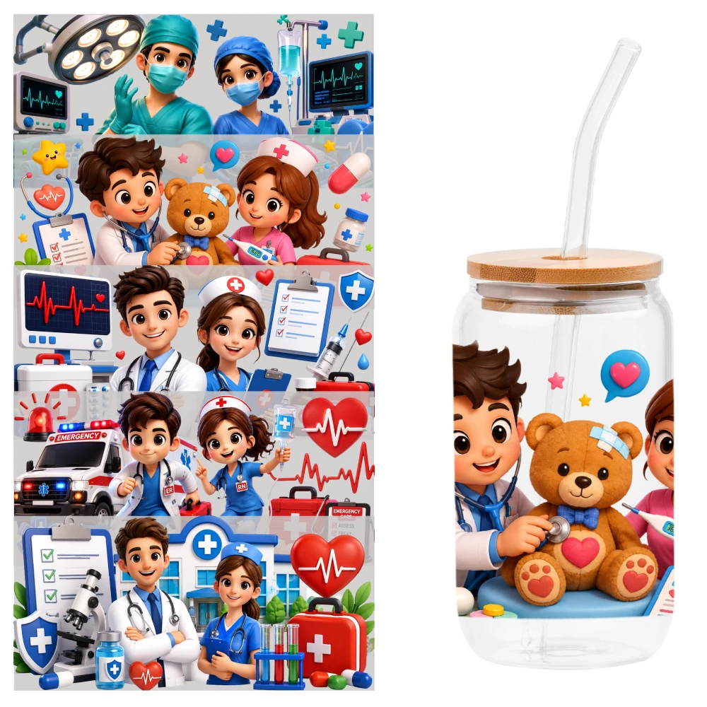 5 Sheets Cartoon Doctors And Teddy Bear UV DTF Stickers Waterproof Rub on Transfers Glass DTF Transfer Stickers UV DTF Transfer