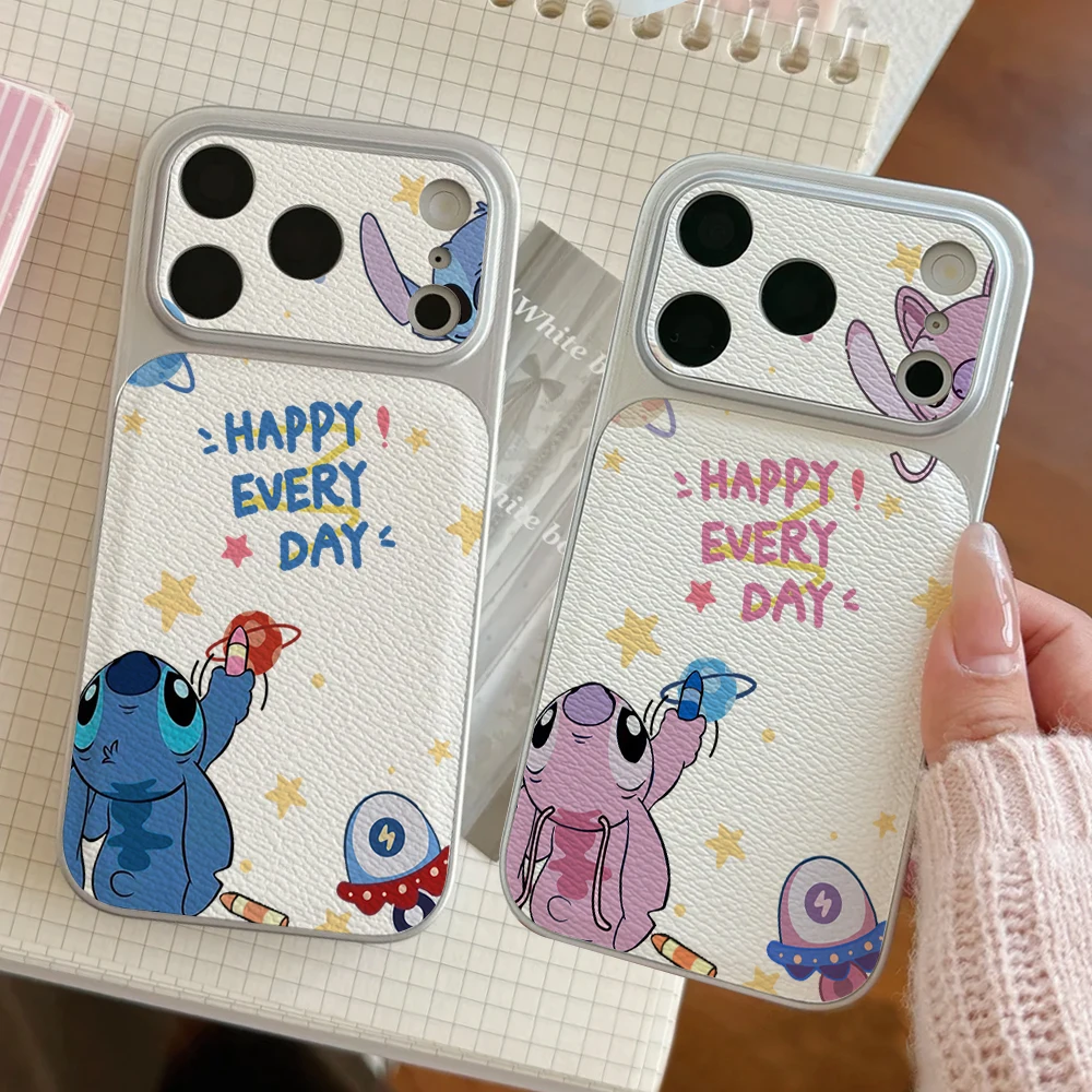 

Disney Lilo Stitch Couples Phone Case For IPhone 17 16 15 14 Electroplated Leather Shockproof Phone Accessories 13 12 11 Casing