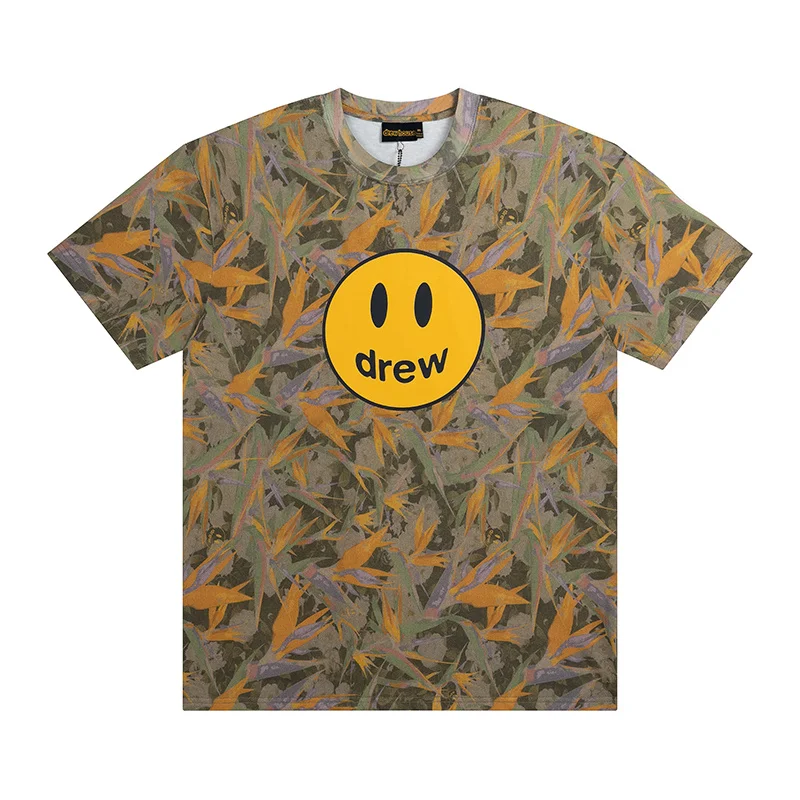 Drew House Bird Print T Shirt Classic Yellow Smiley Face Logo Oversized Streetwear Couple Short Sleeve Tees