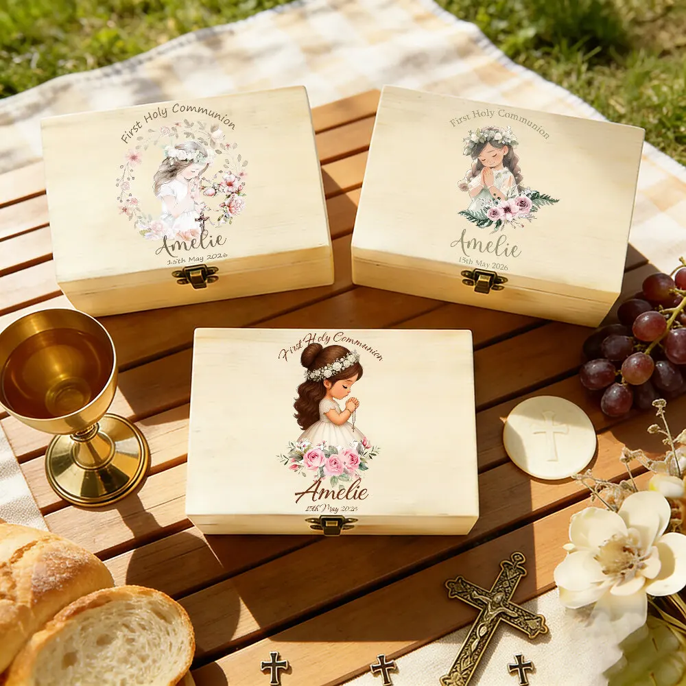 Personalised First Holy Communion Memory Keepsake Box Baptism Wood Box with Name and Date First Communion for Girl or Boy
