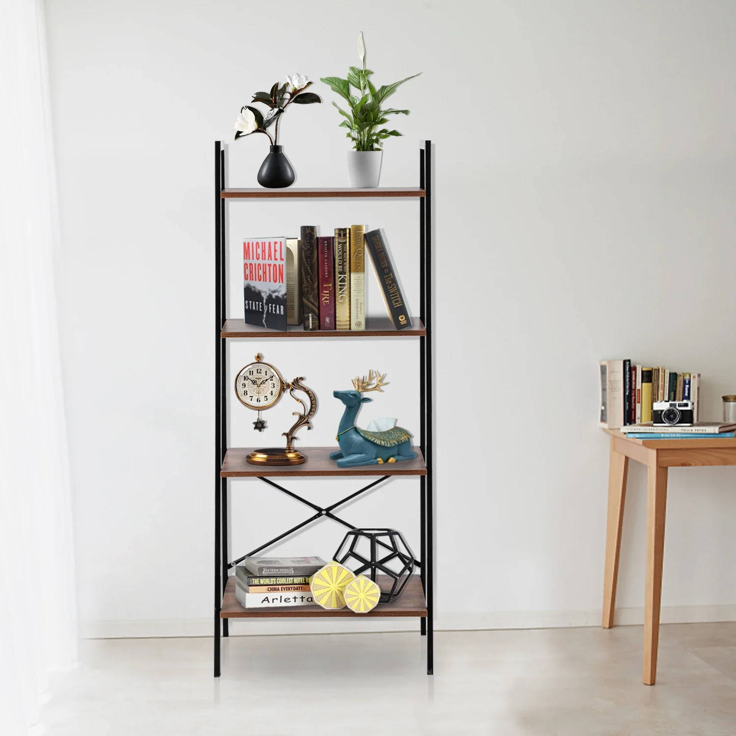 

Simple And Beautiful Four Story Steel Wood Bookshelf