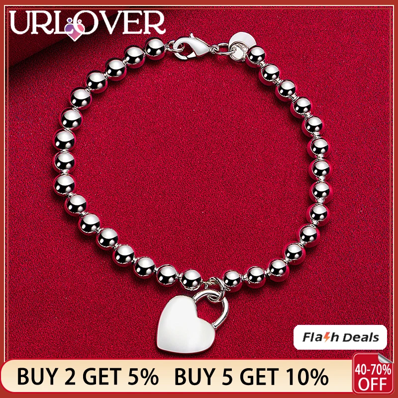 

URLOVER 925 Sterling Silver Beads Chain Heart Lock Bracelets For Women Fashion Charm Jewelry Party Birthday Wedding Accessories