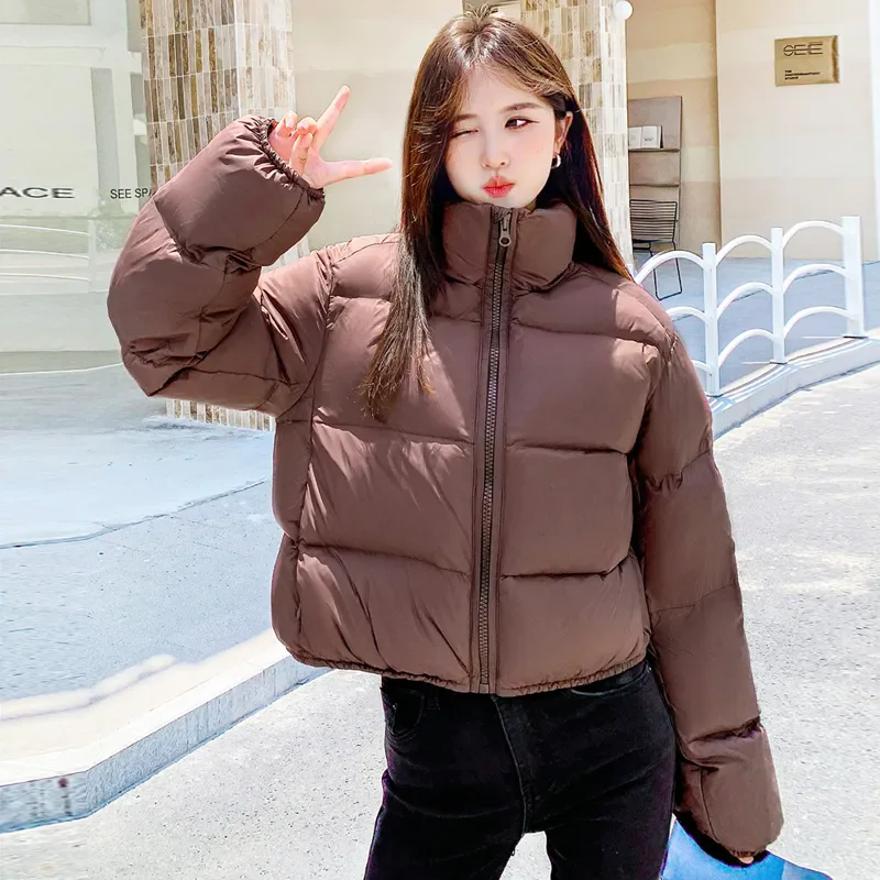 Women's Winter Cotton Jacket Loose Slim Warm Bread Clothing Short Zipper Monochromatic Coat Tops New 2024