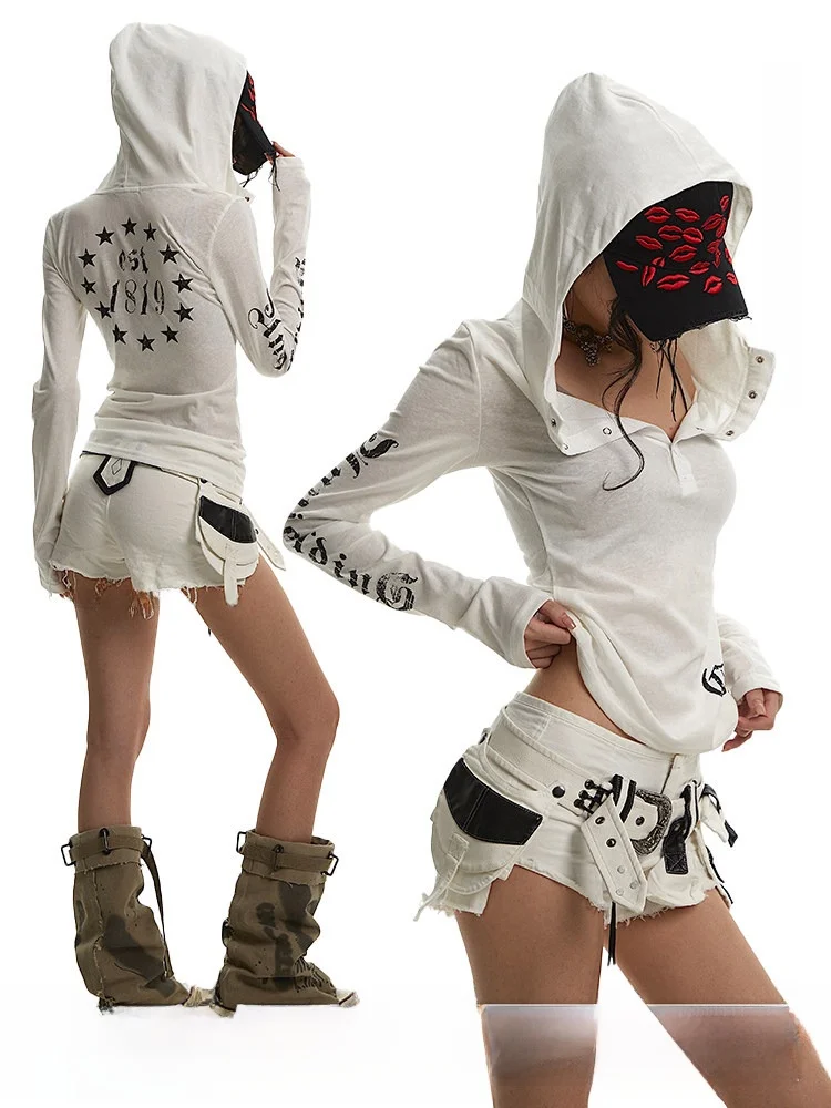 

UNCMHISEX White Long Sve T-irt Women's Slim Fit Hooded Thin Summer Top American Retro Sle Sun Protection irt