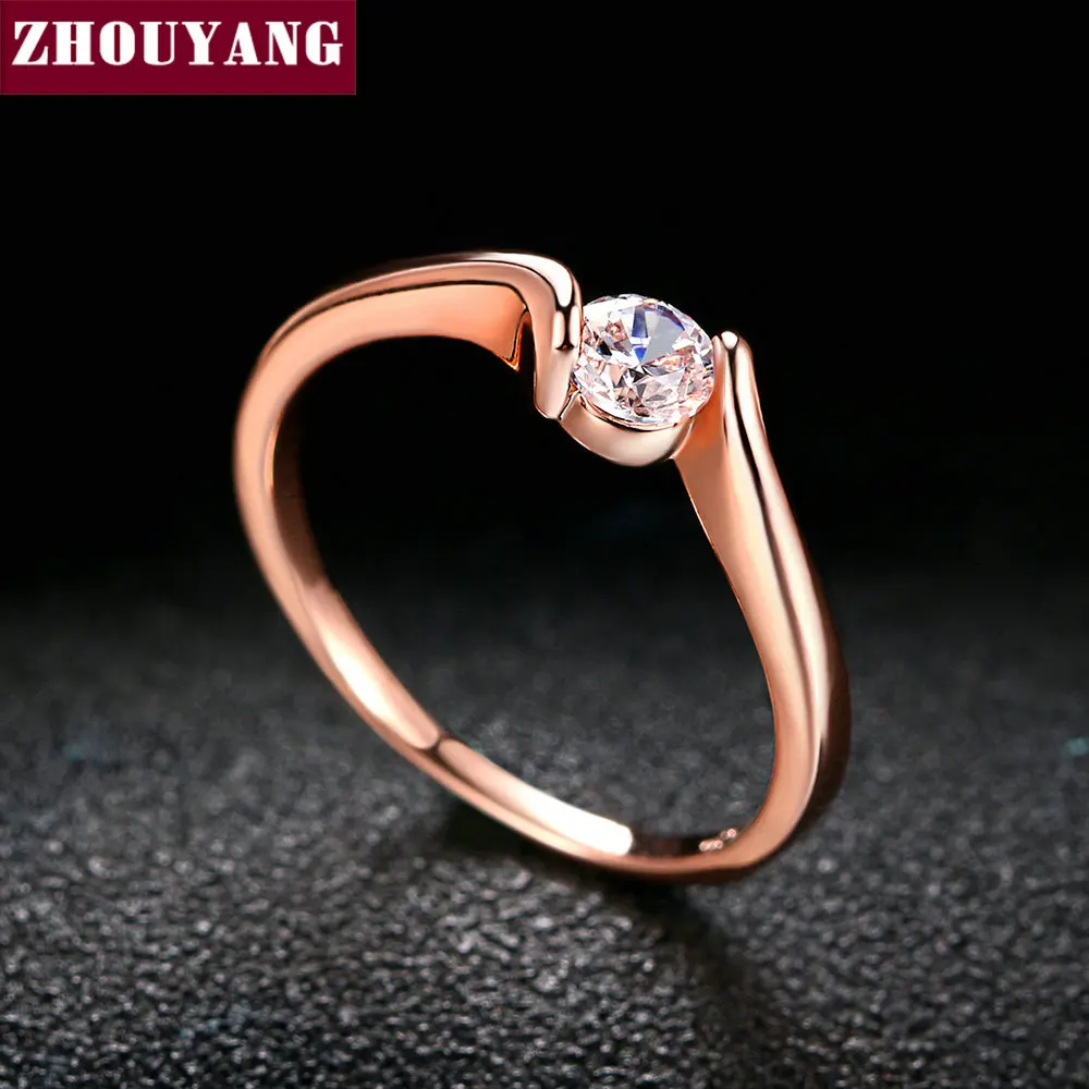 ZHOUYANG Wedding Ring For Women Concise 4mm Round Cut Cubic Zirconia Rose Gold Color Engagement Fashion Jewelry ZYR239 ZYR422