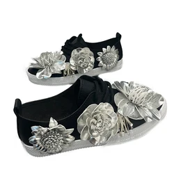 Female Shoes Very Soft Plus Size Hand Sewed Silver Flower Black PU Waterproof Flat Wide Head Comfortable Walk Women Shoe Casual