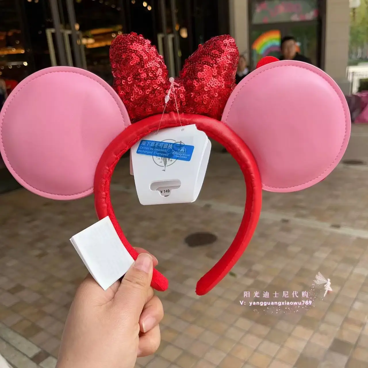 2025 Original Disney Minnie Mouse Headband Cartoon Red Flower Bow PU Leather Shanghai Disneyland For Adult Children Headwear