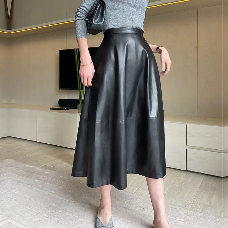 Women High Waist Long Leather Skirt With Button A Line Black Midi Soft Light Faux Leather Skirts for Female Spring Autumn