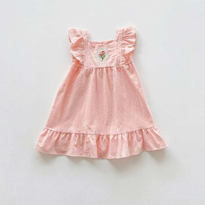 Vestido de Verão Bordado com Rosa Francesa para Meninas, Gola Quadrada, Estilo Princesa, Saia Evasê, Versão Coreana, Roupa In...