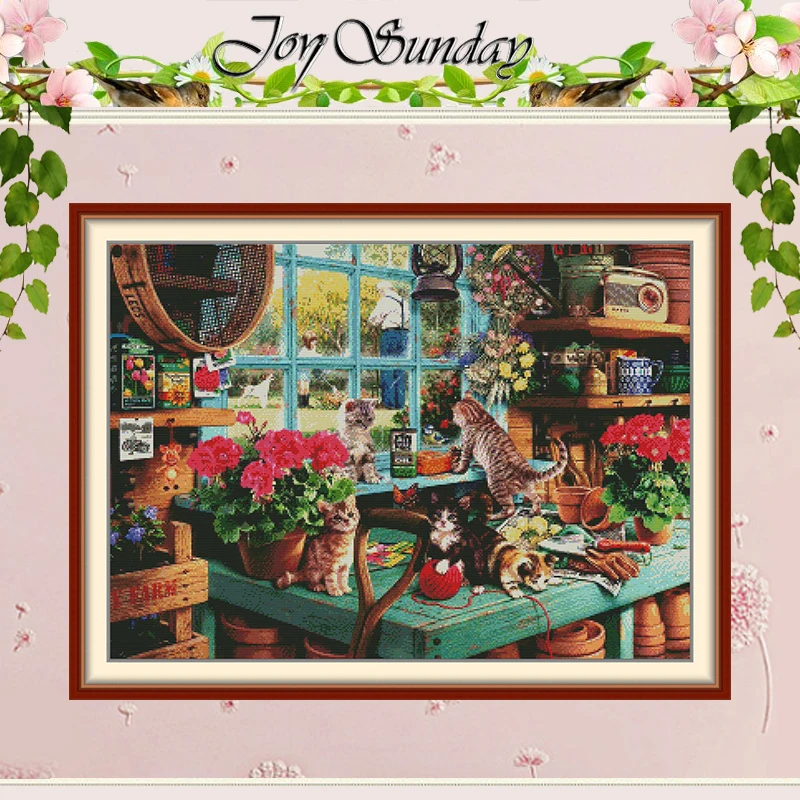 The Kitten in the Greenhouse Patterns Counted Cross Stitch Set 11CT 14CT 16CT Stamped DMC Cross-stitch Kit Embroidery Needlework