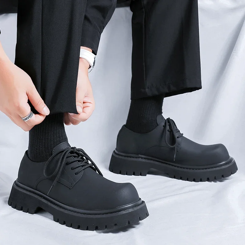 Brand Men\'s Lace Up Oxford Shoes Thick Sole Business Wedding Shoes Round Toe Green Sole Platform British Outdoor Casual Shoes