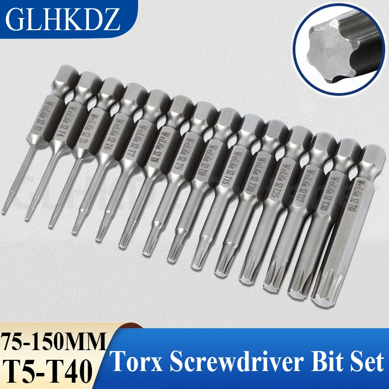 

75-150mm Torx Screwdriver Bit Set Tamper Proof Security Drill Bit 1/4" Hex Shank Magnetic Torx Bit Torx Screw Driver Bit T5-T40