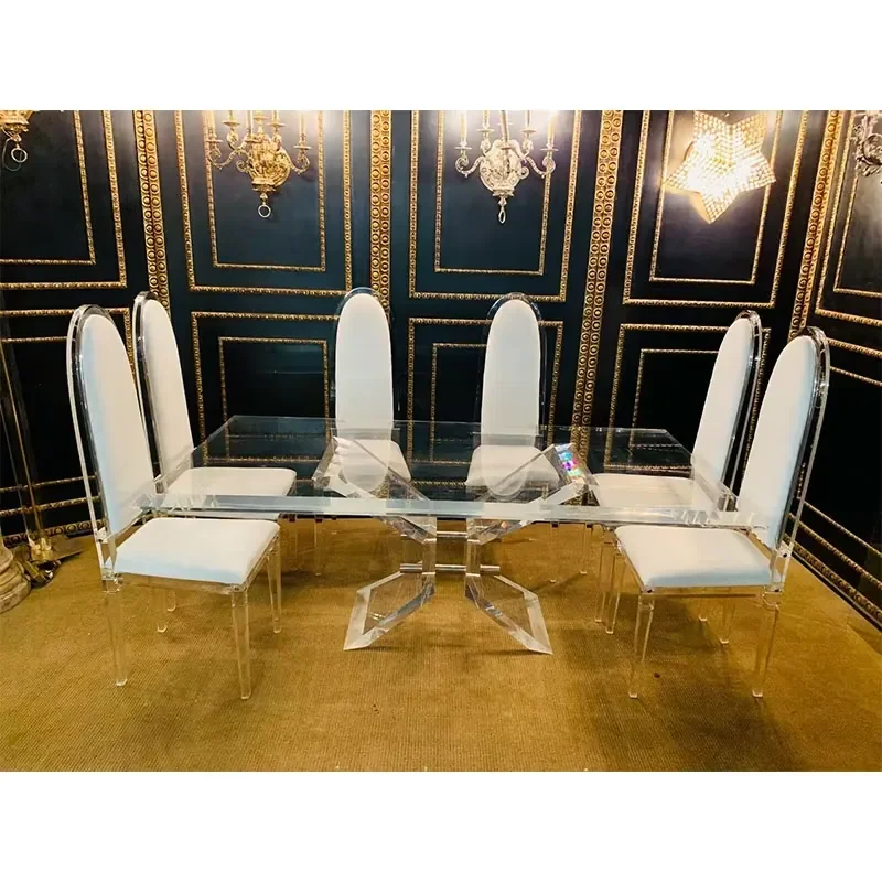#Wholesale Designer Dining Table Acrylic Plexiglass Solid Plate Acrylic With 6 Chairs