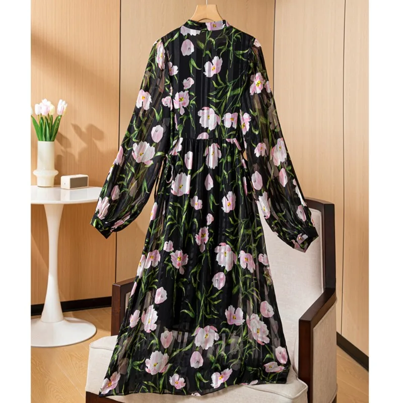 

High Quality Silk Floral Skirt Light Luxury High-End Waist Slimming Elegant Graceful round Neck Large Swing Real Long Dress