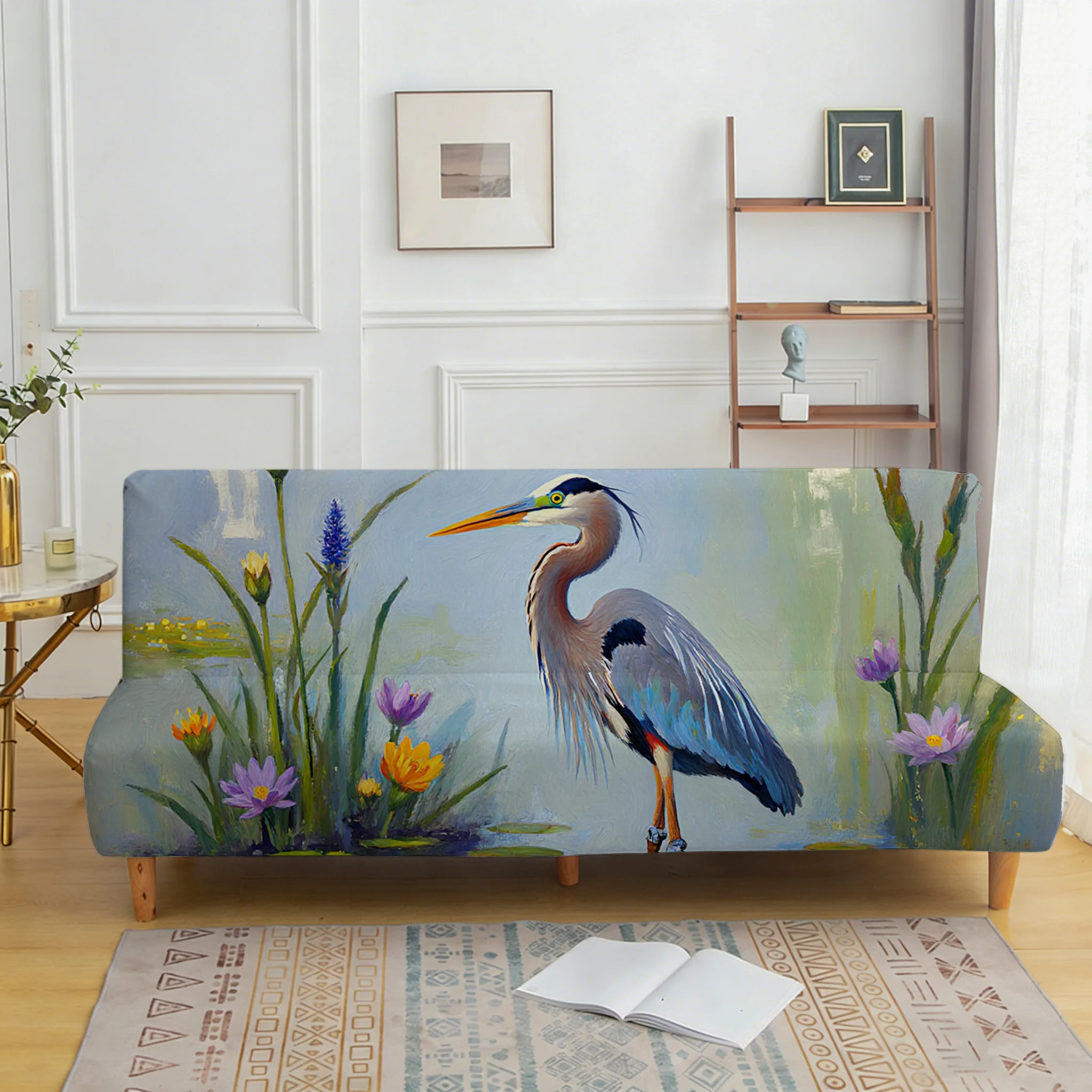 Heron water lily elastic sofa bed cover, living room sofa bed cover, dustproof machine washable sofa bed cover