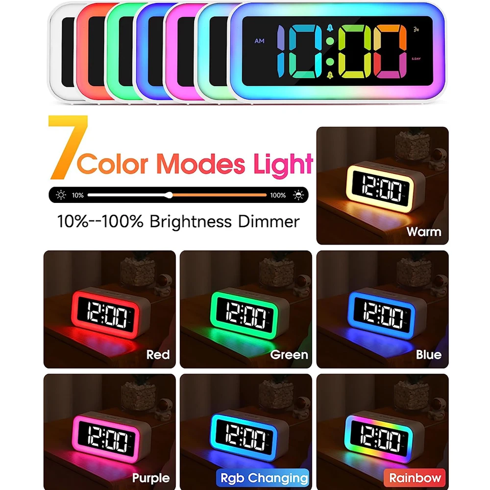 Digital LED Alarm Clock with Colorful RGB Night Light and Various Display Modes. Smart Sound Activated Backlight.Home Decoration