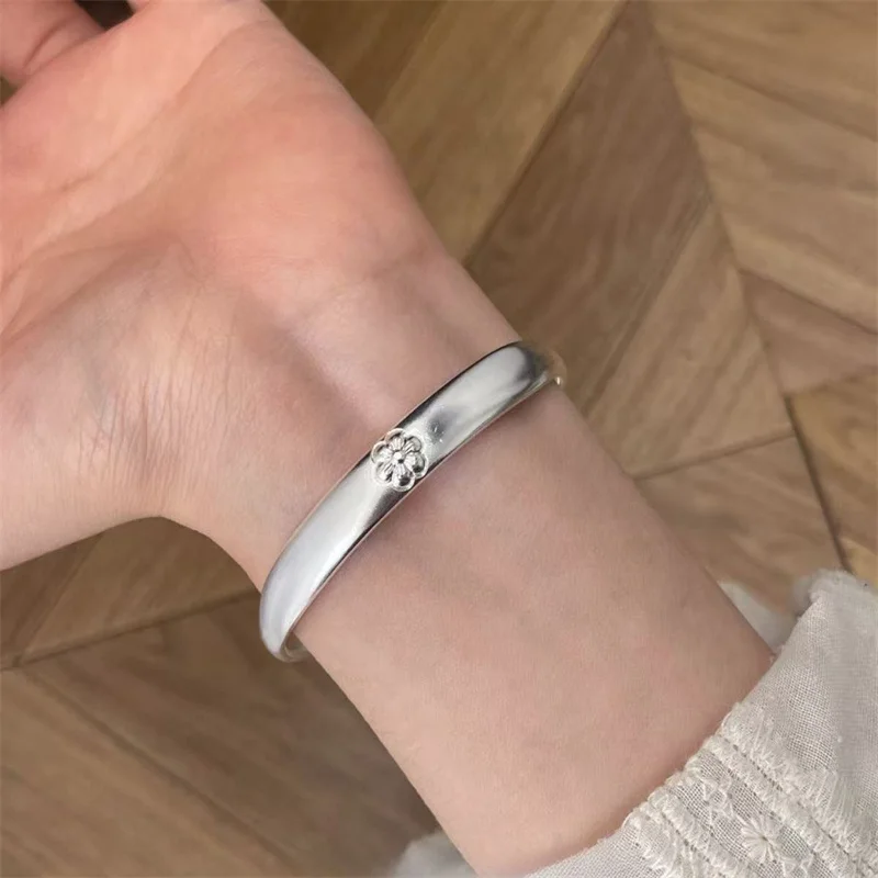 Vintage Plum Flower 999 Silver Open Cuff Bracelet Matte Silver Embossed Bangle Ladies Daily Wear Gift Jewelry