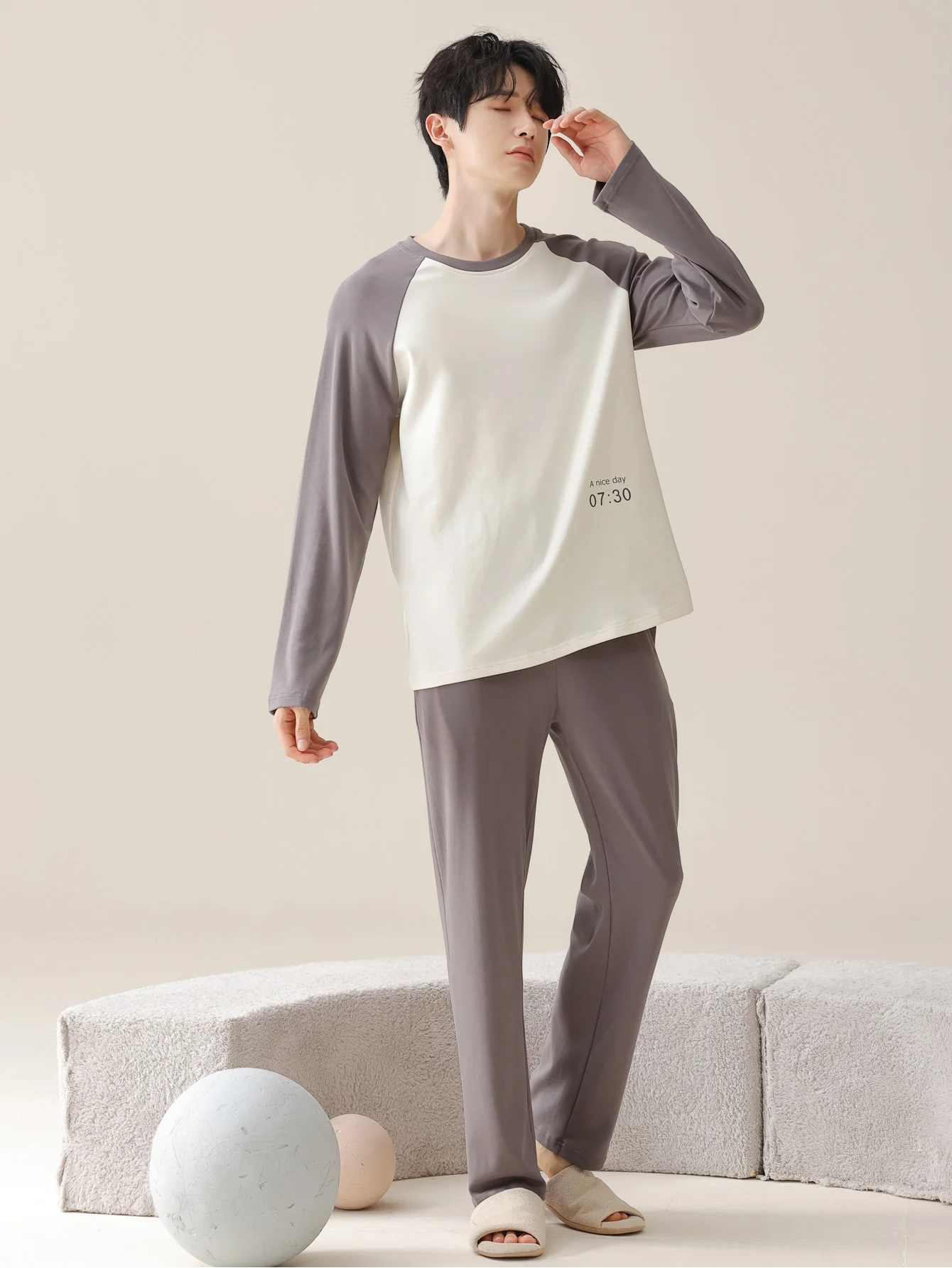 ملابس نوم رجالية 100% قطن بأكمام طويلة للفصول الأربعة مقاس كبير، طقم بدلة منزلية من القطن الخالص للمراهقين للدفء #5