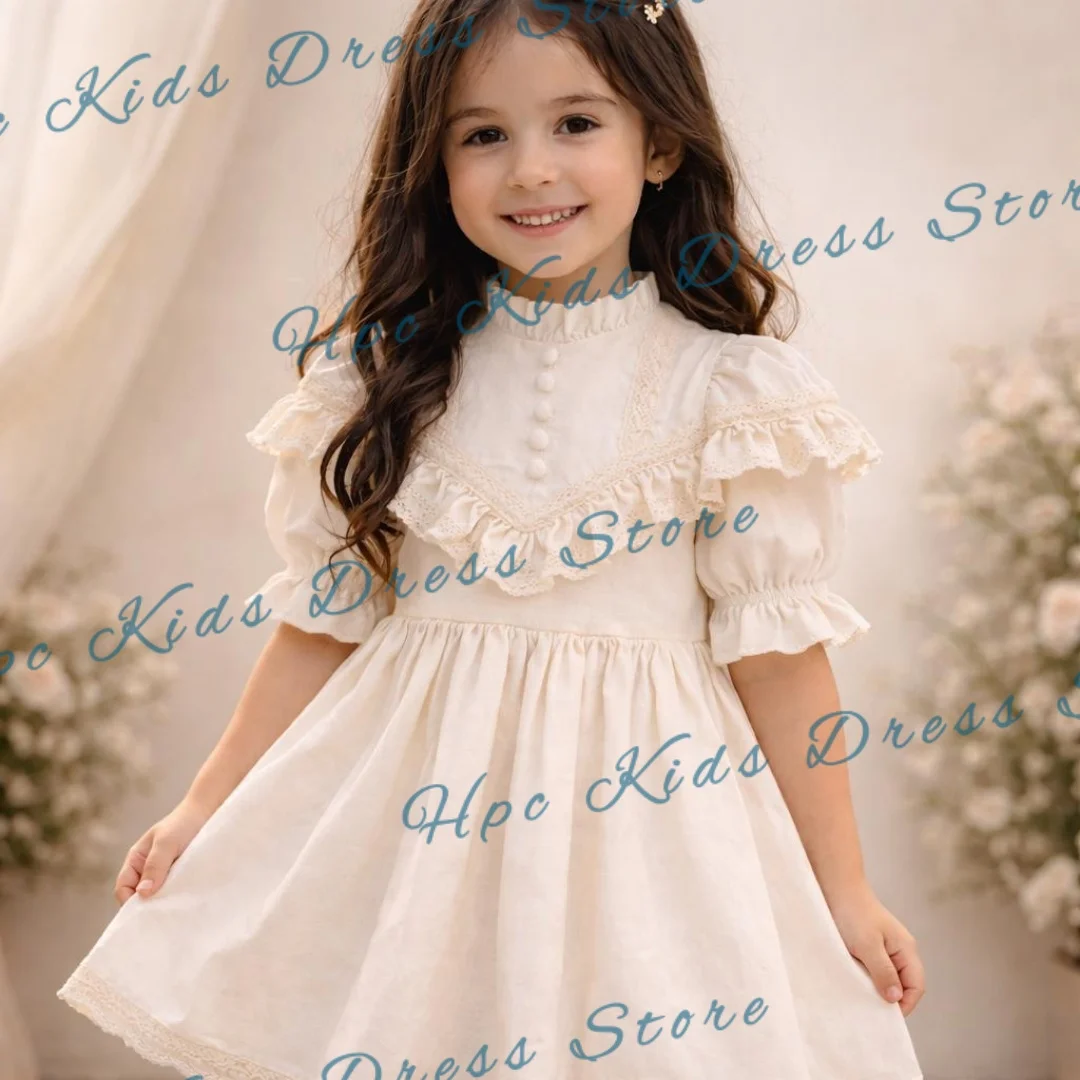 Custom Ivory Lace Flower Girl Dress with Ruffle Puff Sleeves for First Communion Wedding Party