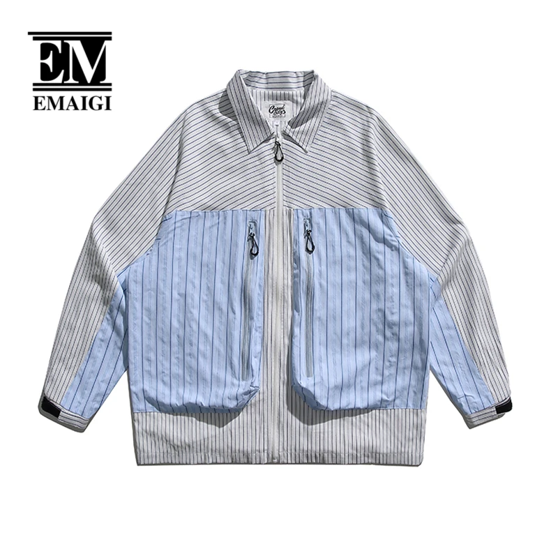 Men Cityboy Stripe Splice Pocket Streetwear Fashion Loose Casual Long Sleeve Cargo Shirts Male Oversized Shirts Blouses Coat