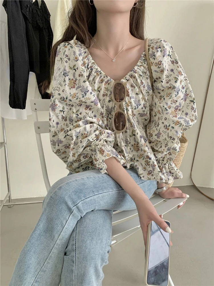 2024 Blusas Mujer De Moda Floral Sweet Crop Blouses for Women Loose V-neck Bandage Shirts Summer Y2k Vintage Folds Blouse Tops