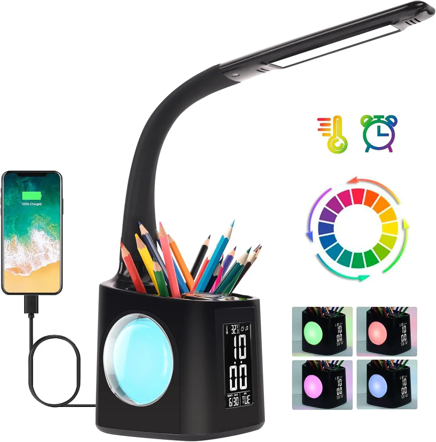 

Многофункциональная светодиодная настольная лампа с часами, цветной подсветкой, USB-зарядкой и держателем для ручек для домашнего офиса и учебы