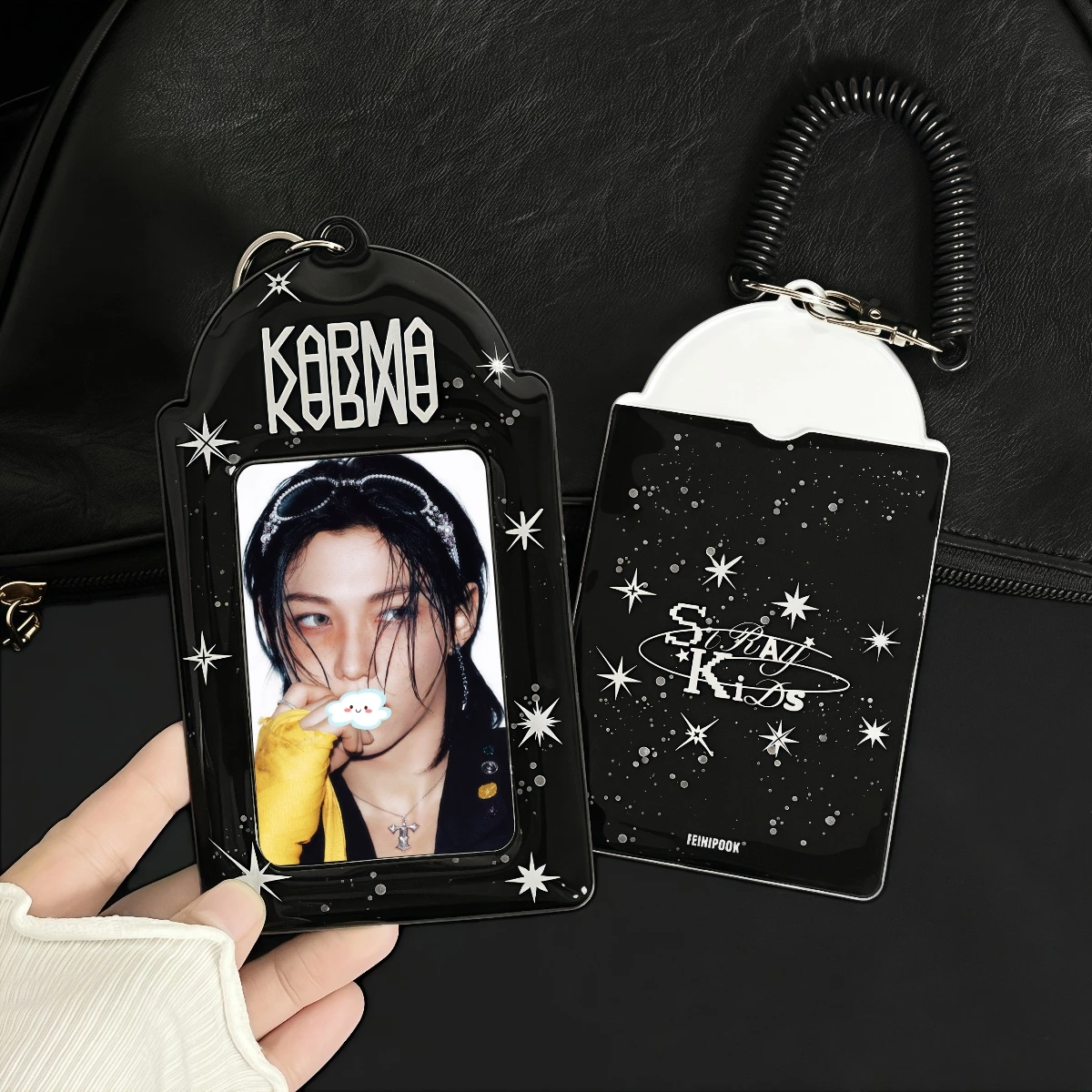 Tempat Kartu Foto Black and White Splash-Ink, Tempat Kartu Foto Album Idol K-Pop, Splash-Ink, Elemen Bintang, Bahan Pu, Cocok untuk Kartu Foto Mini 3-3,5 inci, Gantungan Kunci Tempat Kartu Foto