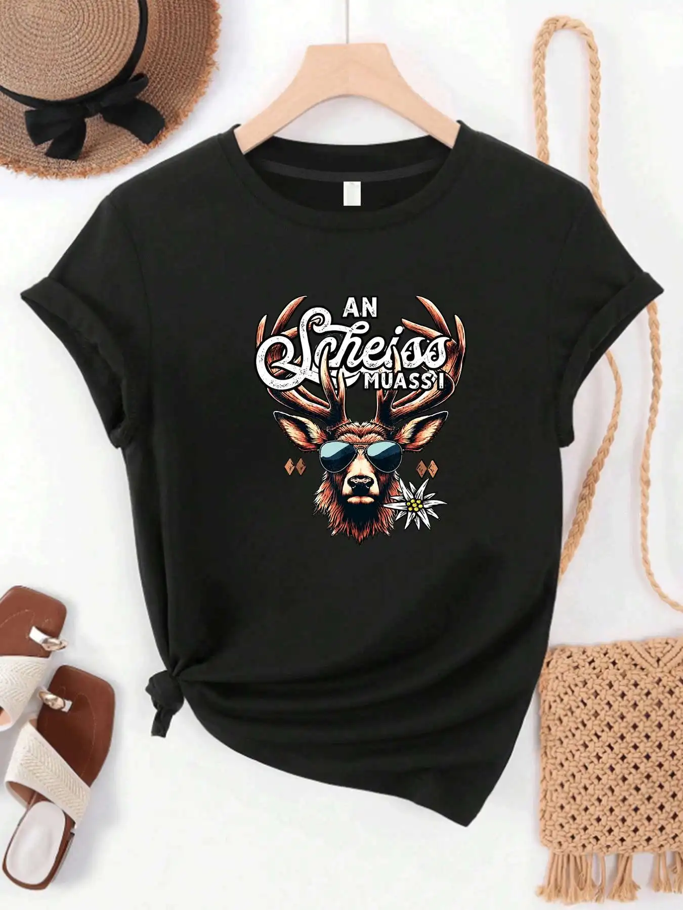 【MYJ062639】Beer Festival women's T-shirt retro deer antler pattern round neck short sleeved T-shirt for women