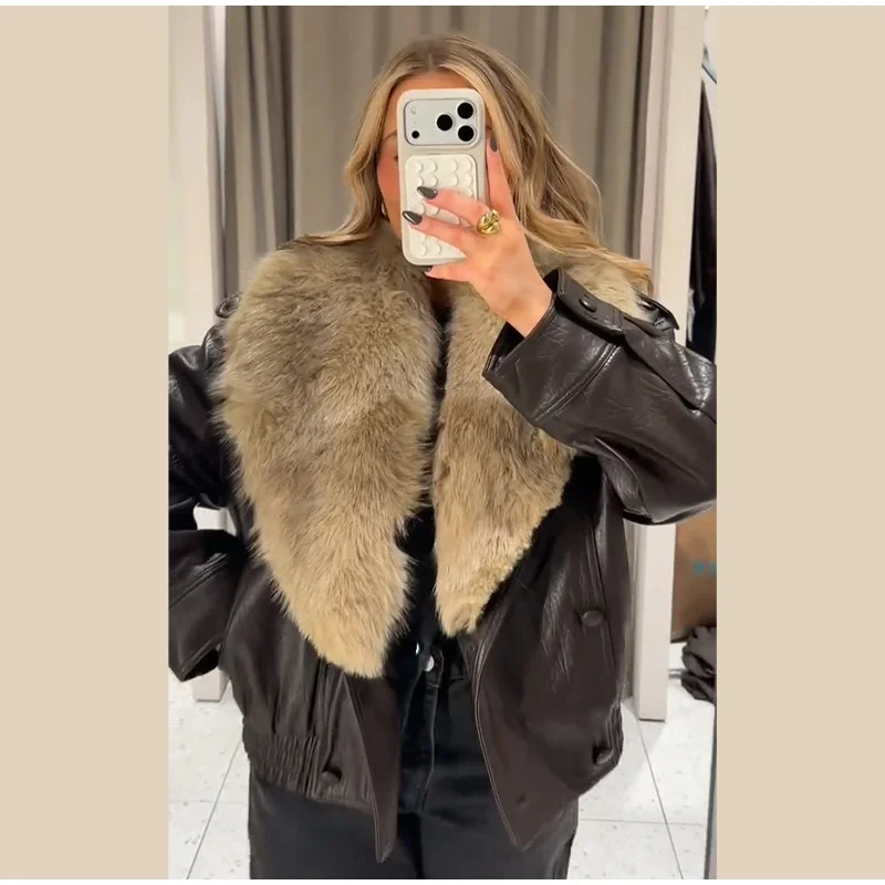 Elegant PU Fur Patchwork Jacket Women Loose Detachable Collar Lapel Double Breasted Jackets Female Fashion Winter Warm Outwear