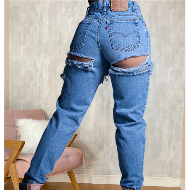 

Women's Ripped Hole Trousers Loose Jeans Fashion High Waist Casual Wide Leg Denim Pants with Pockets 2025 New Arrival Streetwear