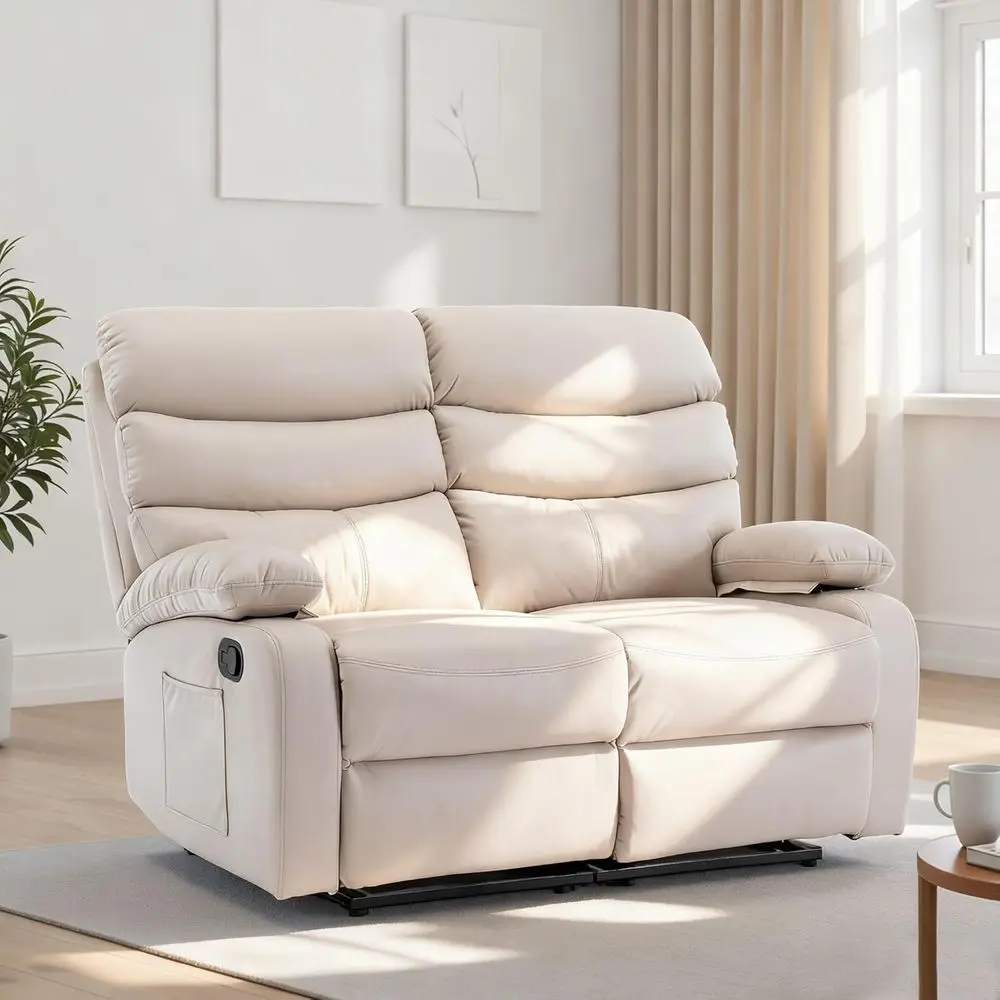 Cream Double Reclining Loveseat with Side Pockets for Living Room or Home Theater