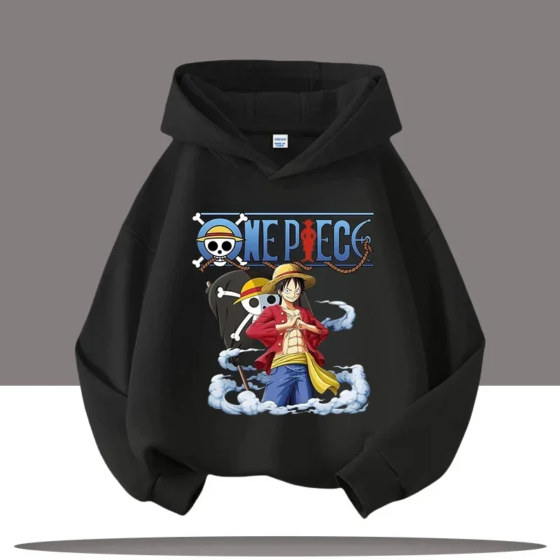 

Long-sleeved children's hooded sweater with cartoon print of One Piece (pirate king) for autumn and winter. Boys' casual top.