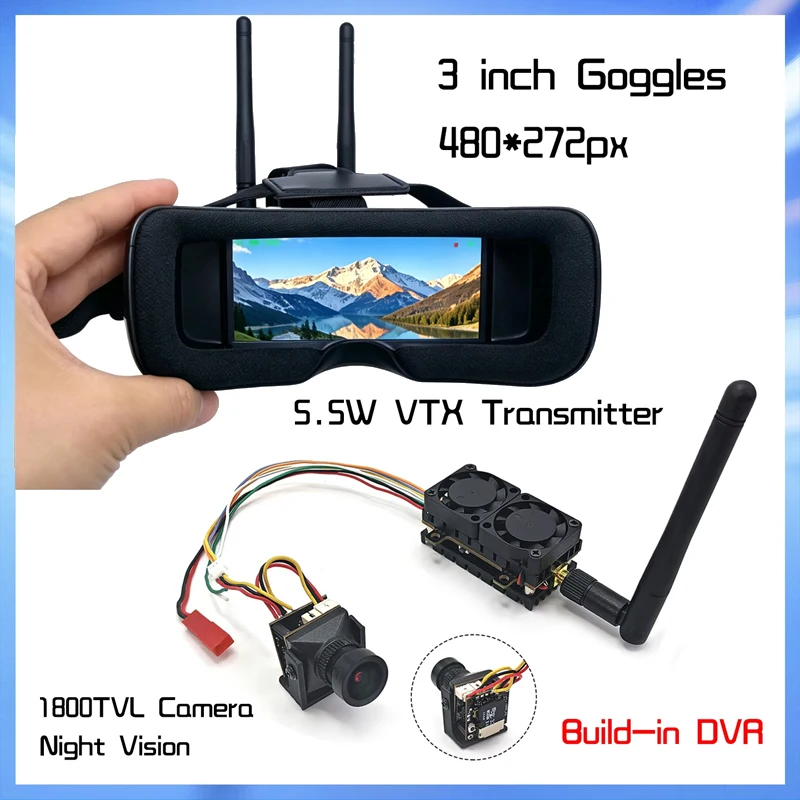 SLONWAKE  Long Range FPV SUIT 5.8G 5.5W Video VTX Trasnmitter and CMOS 1800TVL Starlight Camera with DVR +3 inch FPV Goggles