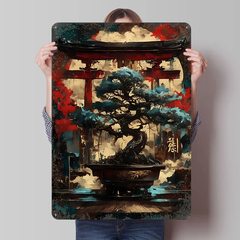 Bonsai Tree and Torii Gate Tin Plaque Poster Customized Wall Art Retro Vintage Metal Signs for Man Cave Decoration Home Decor At