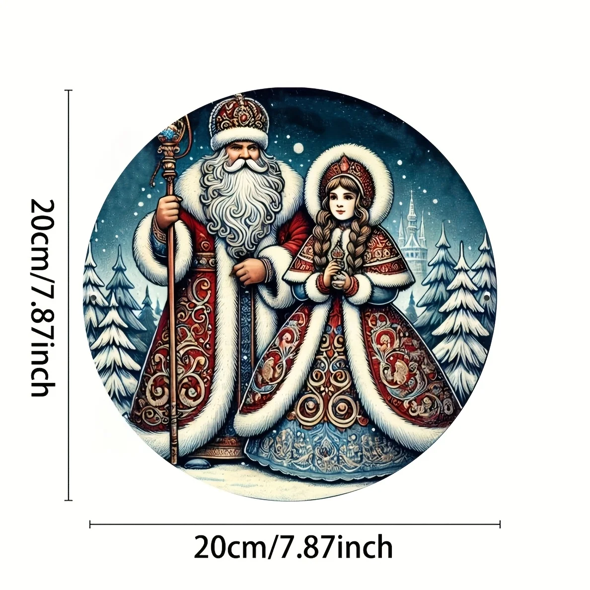 1PC Ded Moroz & Snegurochka Round Metal Tin Sign, Russian Christmas Winter Fairy Tale Plaque, 2D Flat Wall Decor For Holiday Cab