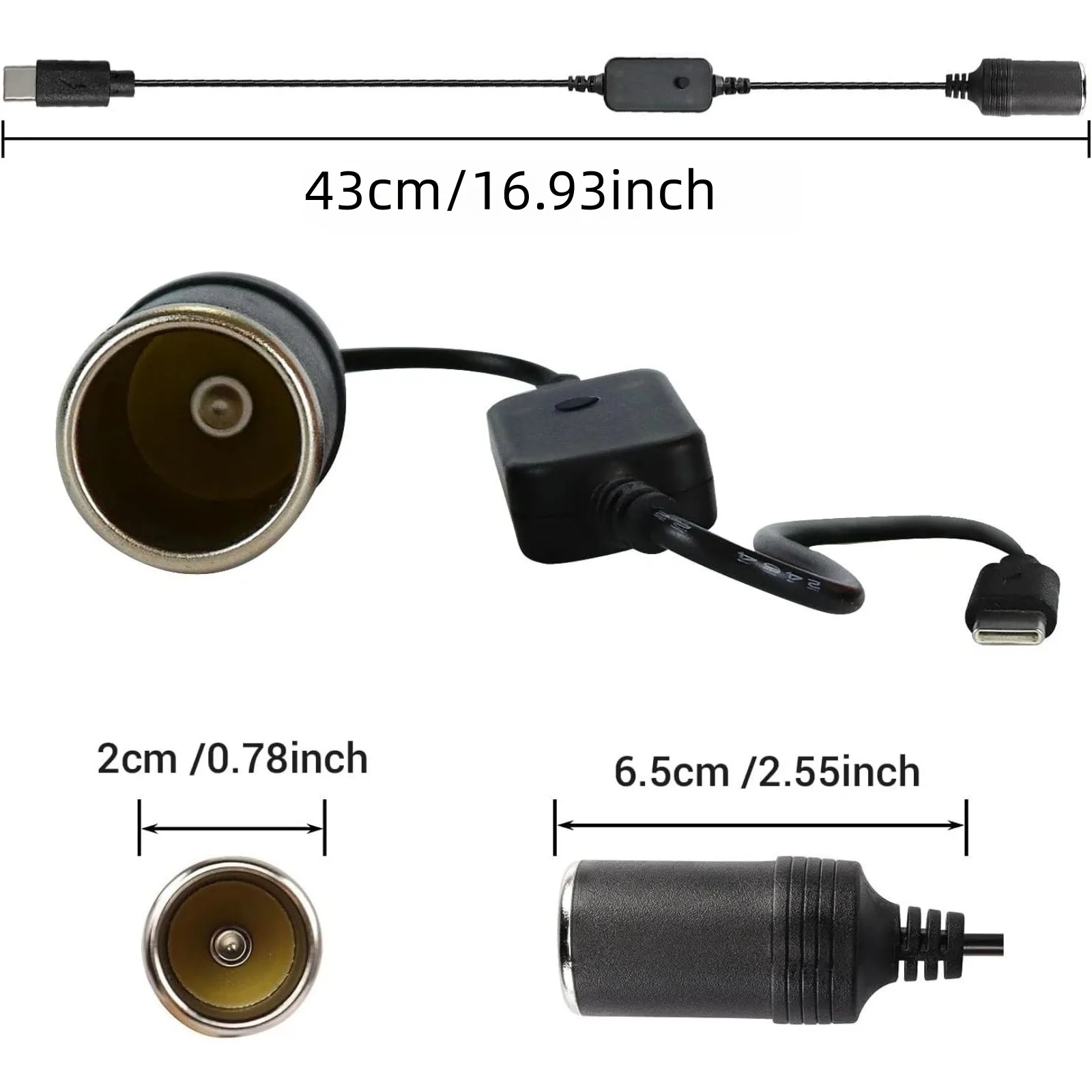 USB C PD Trigger to 12V Cigarette Lighter Adapter ,Type C Male to 12V Car Power Socket Converter for Dash Cam GPS Radar Detector