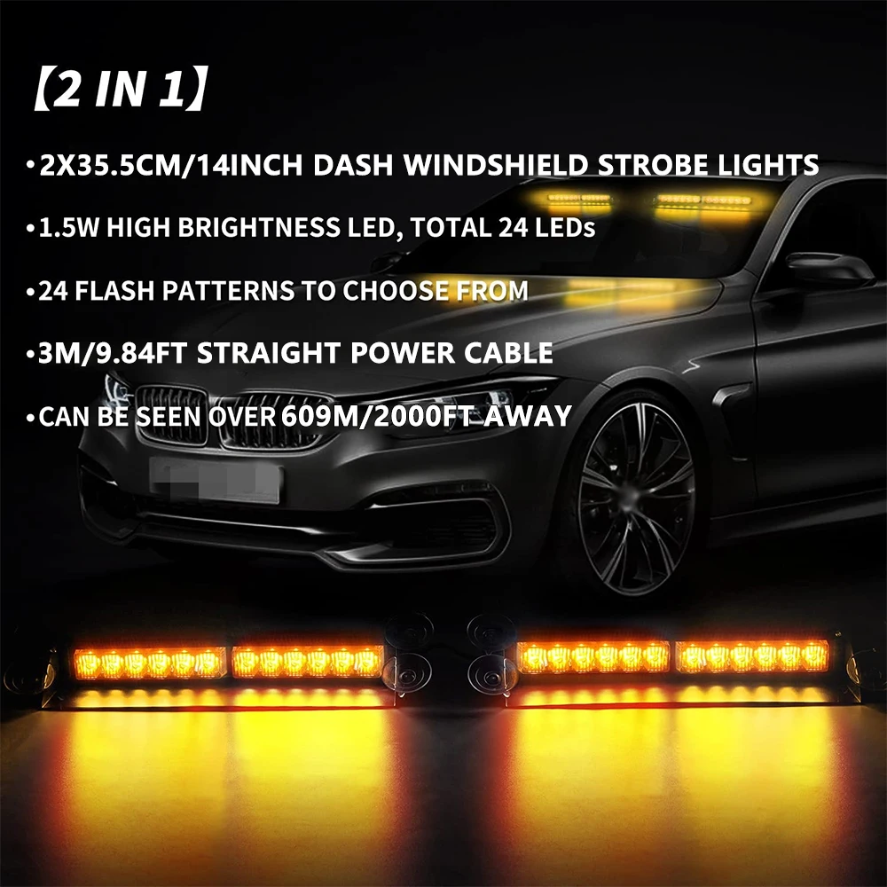 1 PC Alumium 12V-24V 24LED Car Dash Emergency Strobe Light LED Windshield Warning Strobe Light with Suction Cups Universal