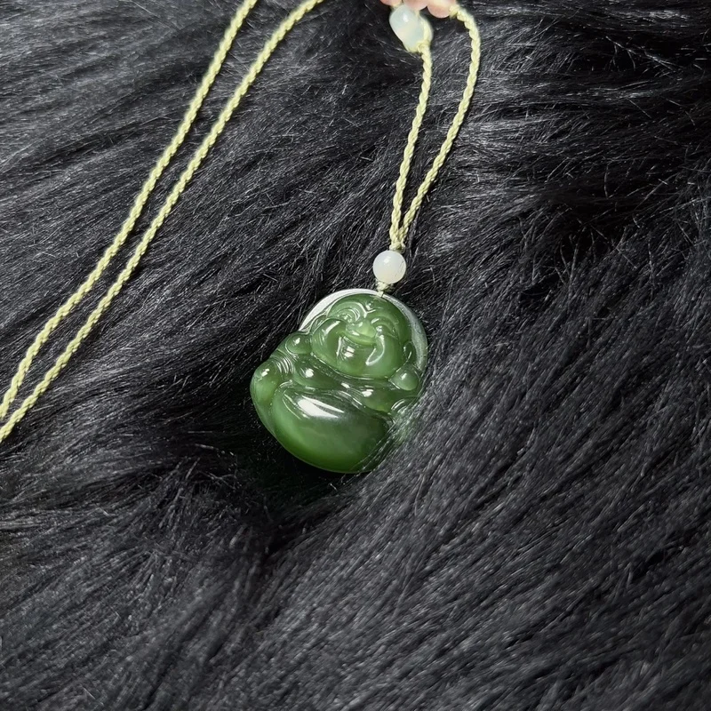 Pendant - Natural Hetian Jade, Spinach , Positive Yang Green, Laughing Buddha