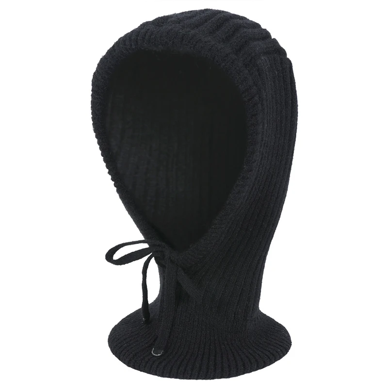 Women Windproof Hooded Scarf Hats Skullies Solid Color Knitted Pullover Drawstring Balaclava Winter Warm Hat Beanie Cap