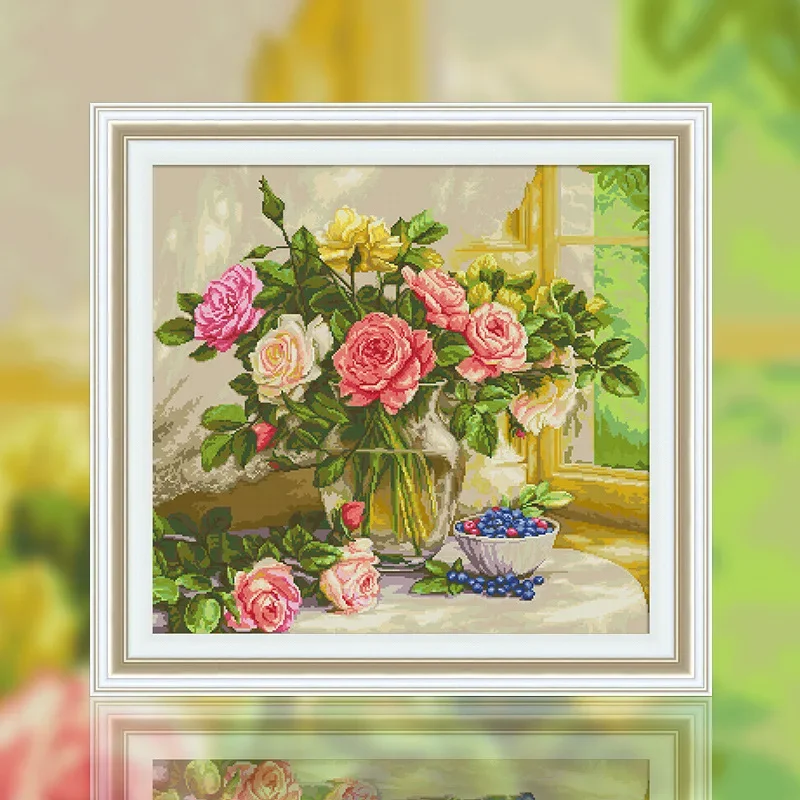 

Весенний полный комплект для вышивки крестом в европейском стиле картина маслом Праздничная роза Искусство и поделки с иглами Домашний настенный рождественский декор