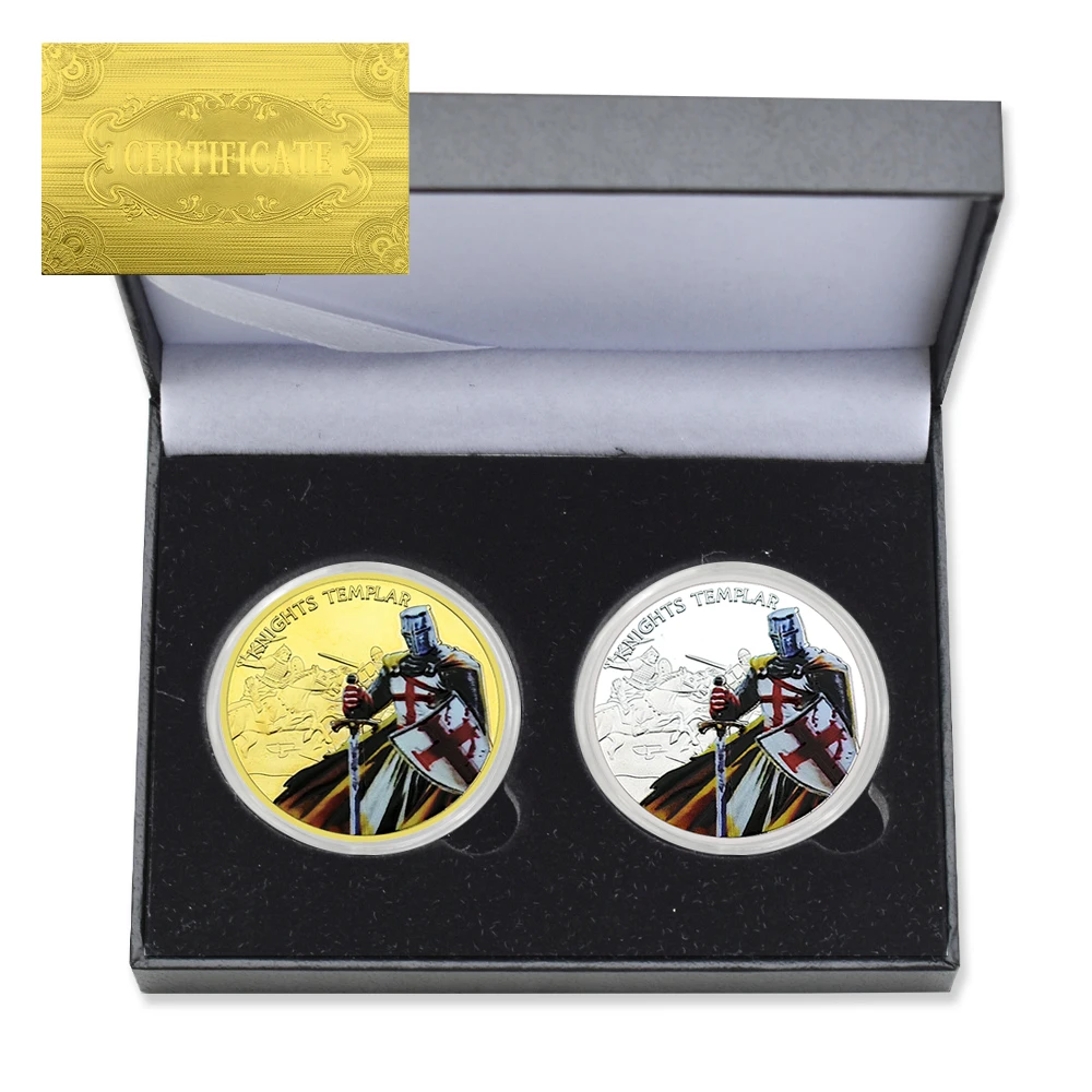 

2pc/box Knights Templar Commemorative Coin Metal Crusader Challenge Coin with Certificate and Gift Box Collection Gift