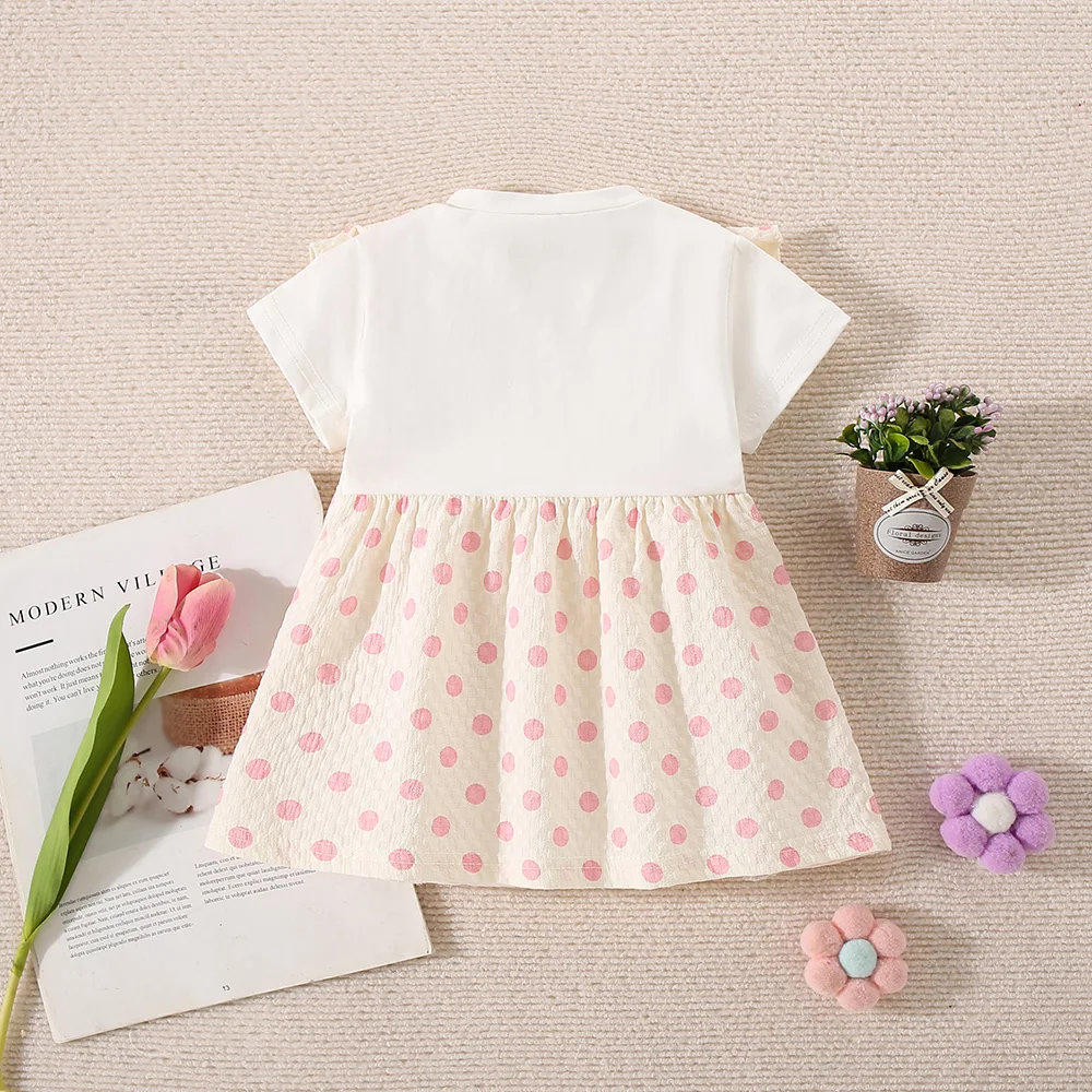 Baby Girl Pink Dress Flower Decoration Polka Dot Printed Short Sleeved Dress Girl Summer Casual Outing Clothing