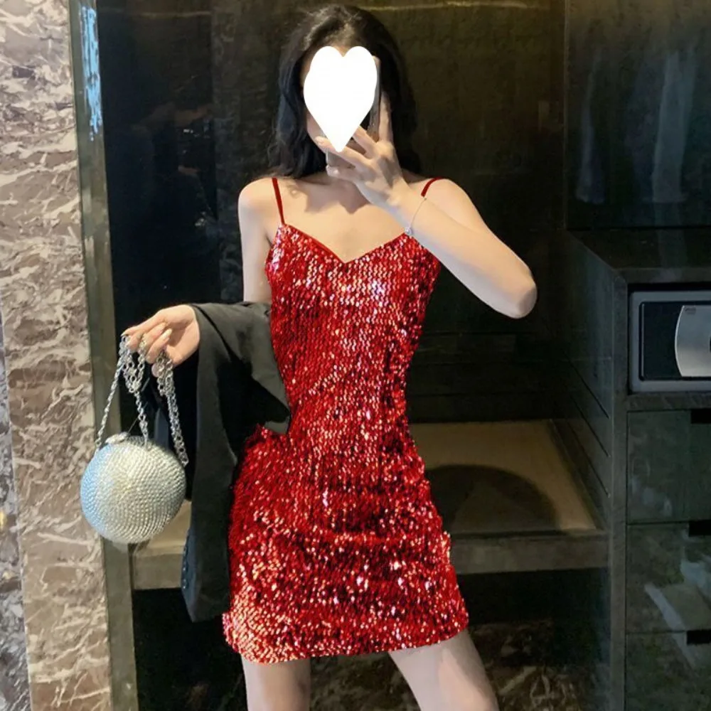 Sexy Mini Dress for Women Clothing Stage Show Fashion Clothes Sexy Streetwear Party Club Bling Sequined Hot Girls Summer Dress