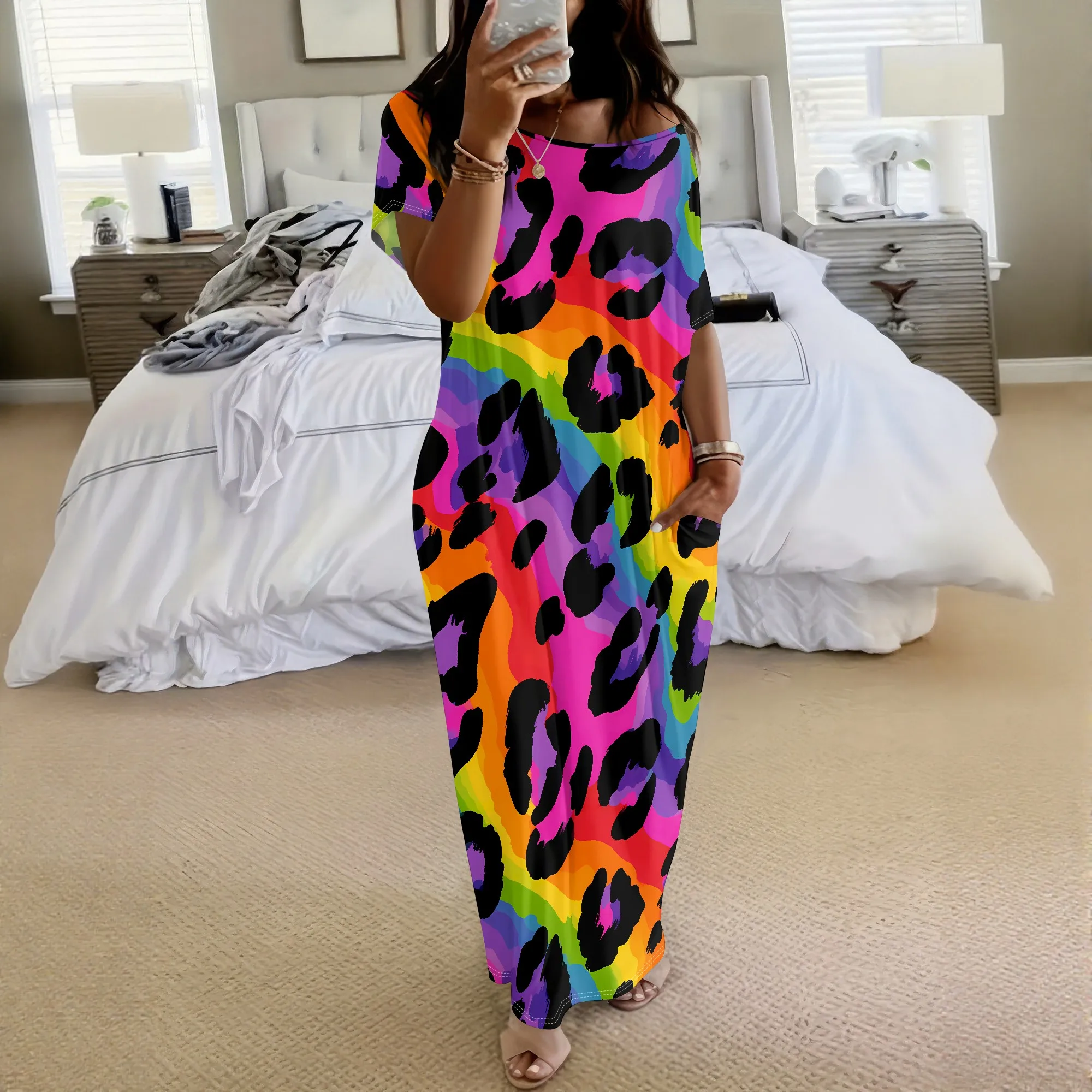 Rainbow Leopard Print Dress Short Sleeve Maxi Dress With Pockets Colorful Animal Pattern Tunic Casual Summer Beach Wear